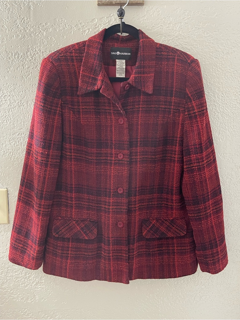 Vintage Sag Harbor Women's Red Plaid Button-Front Blazer Jacket Size 10